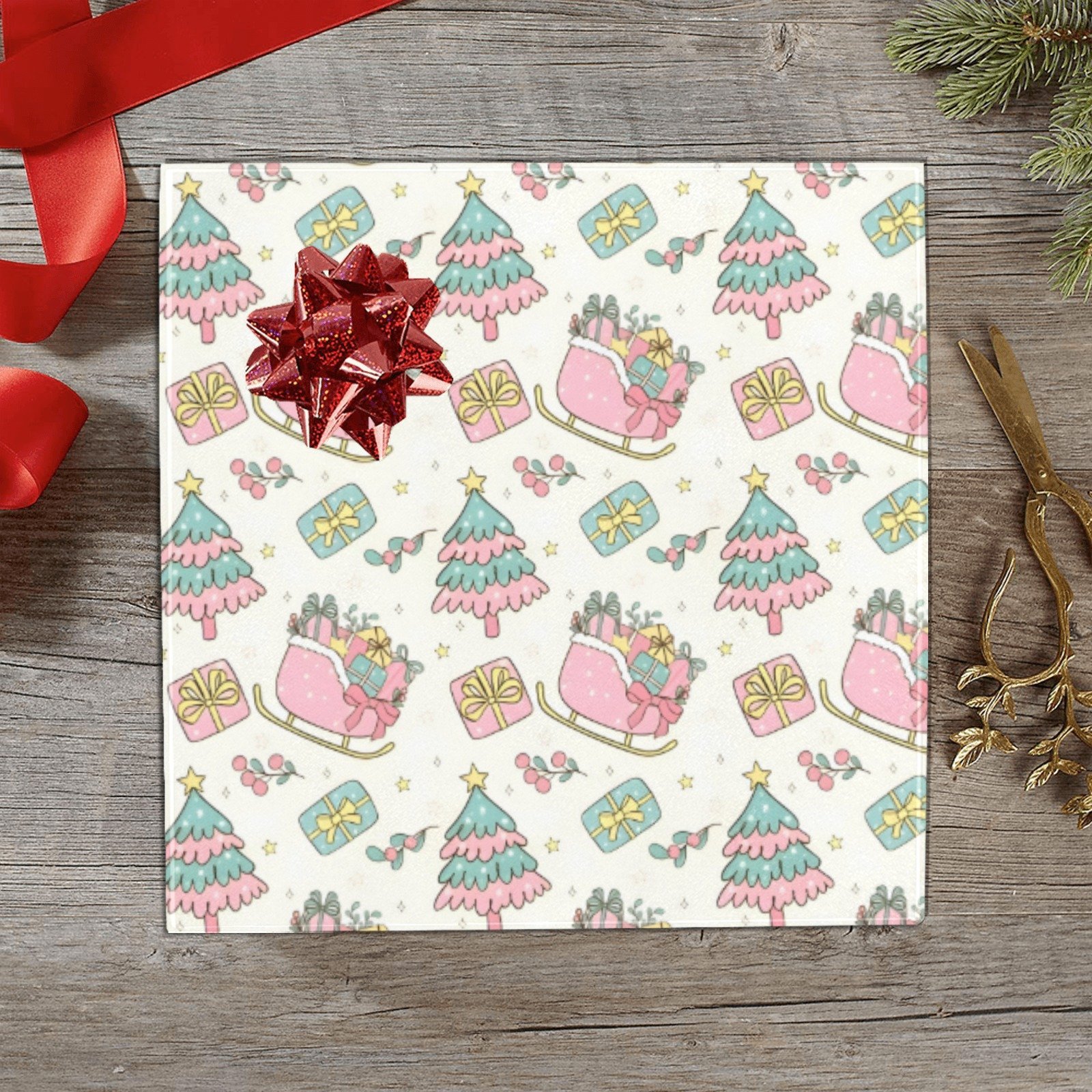 Christmas Wrapping Paper | Holiday Gift Wrap | Pink Sleigh 58" x 23" (1–5 Rolls)