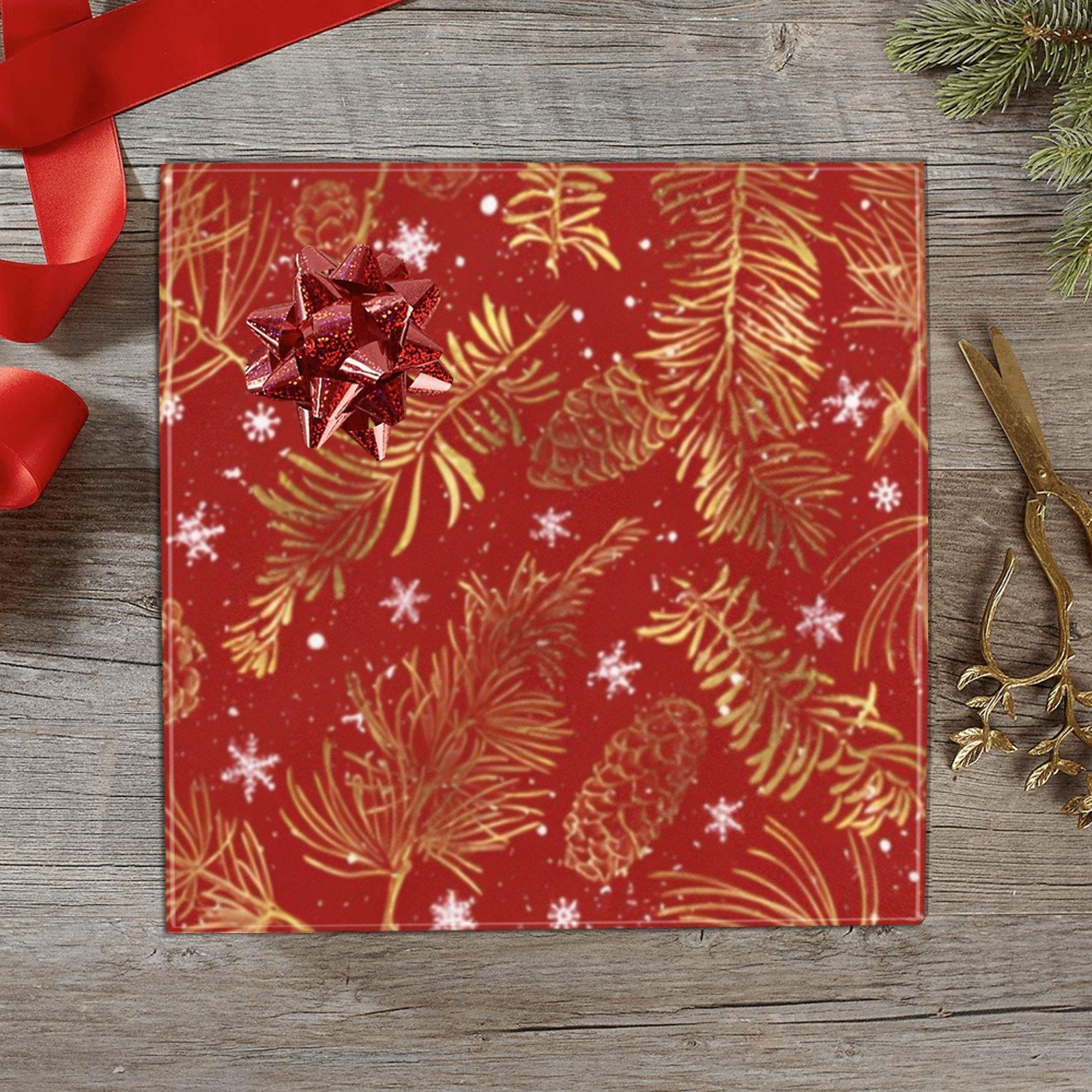 Christmas Wrapping Paper | Holiday Gift Wrap | Gold Pine Feathers 58" x 23" (1–5 Rolls)